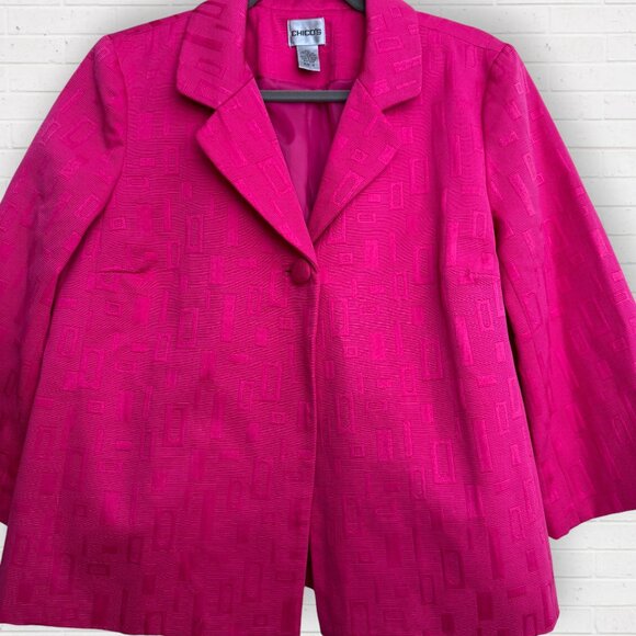 CHICOS Bright Hot Pink Geometric 1-Button Cropped Blazer Jacket 1.5 Size 8 10 - Picture 3 of 4
